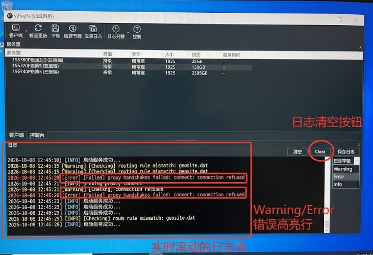 v2rayN 控制台日志输出与分流状态排查界面